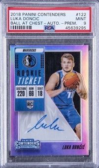 2018-19 Panini Contenders #122 Luka Doncic Ball At Chest Silver Premium Autograph Rookie Card - PSA MINT 9